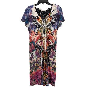 One World Butterfly Print Dress With Lace Detail Size M Multicolor